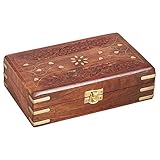 Marokkanischer Schmuckkasten aus Holz, liebevoll und individuell von Hand geschnitzt mit Messing Intarsien verziert, innen verkleidet mit samt Stoff, 100% Handarbeit aus Indien, verwendbar als Schmuckschatulle zur Aufbewahrung vom Schmuck im Schlafzimmer, Schminkkasten Schmuckkasten für Wattepads im Bad, Truhe Kiste klein im Flur als Schlüsselbox, in der Küche als Vorratsbehälter für Kaffeepads Teebeutel, oder Erinnerungsbox als Geburtstagsgeschenk.