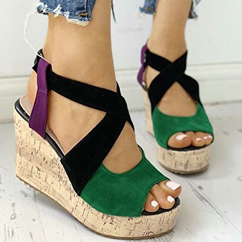 HIONRE Sandalias Mujer Cuña Alpargatas,Sandalias de Bloque de Color con Plataforma, Zapatos de cuña elástica para Mujer, Verde, 38,Casual Alpargatas de Cuña