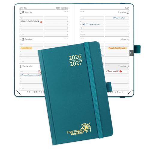POPRUN 2026-2027 Academic Small Weekly Planner, 4" x 6.25" Purse Size Calendar, July 2026 to June 2027, Hardcover Appointment Book with Horizontal Layout, Hourly Time Slots - Pacific Green
