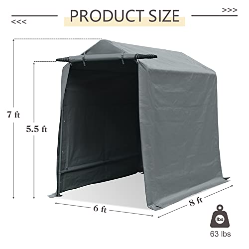 Gardesol Storage Shelter, 6X8 Ft Portable Shed Outdoor Carport With Roll-Up Zipper Door, Waterproof And Uv Resistant Outdoor Storage Shed For Bike, Atv, Motorcycle Shelter, Gray #TOP4