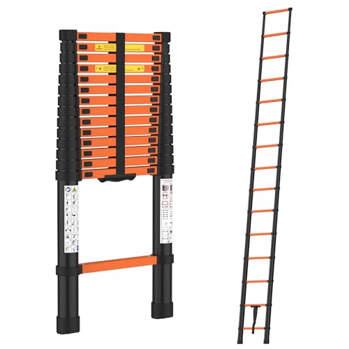 Image of BonKaso Telescopic Ladder, 4.4m / 14 Ft, 15 Steps - Heavy-Duty Foldable Alloy Steel Ladder | Anti-Slip, 150kg Load Capacity, Rustproof & EN131 Certified - Matt Black & Orange