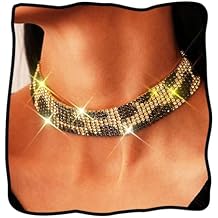 قلادة JEAIRTS Chunky Leopard Choker من الذهب اللامع وأحجار الراين السوداء للنساء