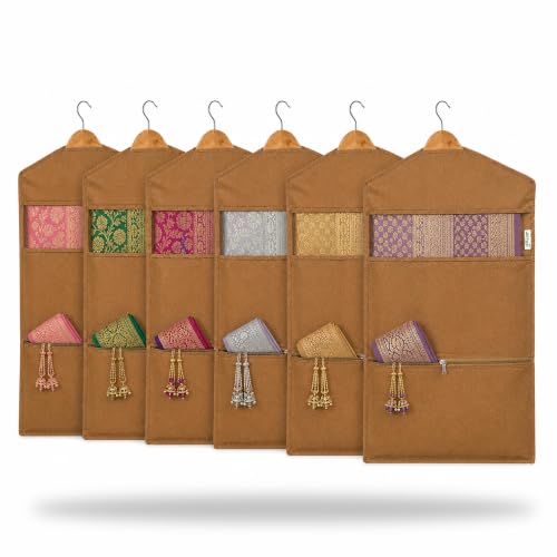 Image of JD FRESH 6 Pack Double Pocket Hanging Saree Bag for Wardrobe /Non Woven Clothes Bags for Storage /Breathable Hanging Saree Covers /Transparent Window Cloth Storage Bag /Stoarge Covers with Zip(Orange)