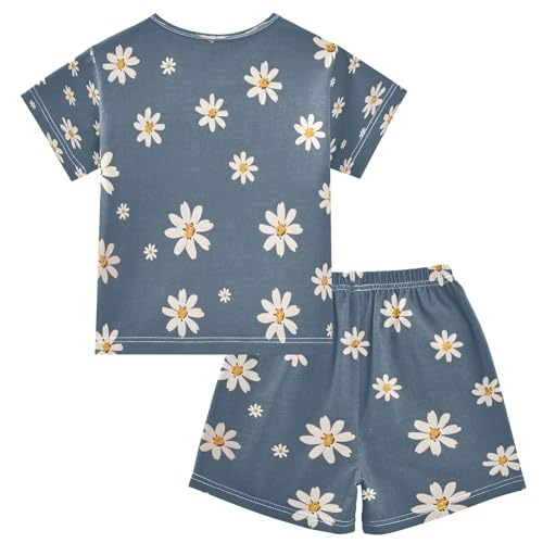 senya Short Sleeve Pajamas Sets Summer Cotton Sleepwear White Daisy Flower2