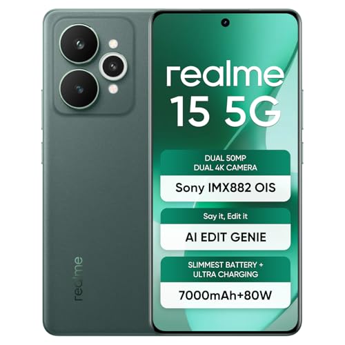Image of realme 15 5G, 8+256GB, Dimensity 7300+ 5G, 50MP 4K Camera, Curved Display, 6.8 inch 144Hz, Battery 7000mAh, IP69, Velvet Green