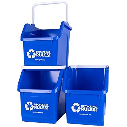 Recycling Rules! 6 Gallon Stackable Recycling Bin Container in Blue, Eco-Friendly Handy Recycle Bin with Easy-to-Carry Handle, 3-Pack