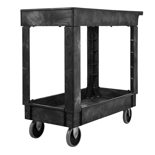 Rubbermaid Commercial Products 2-Shelf Service/Utility Cart with Wheels, 300-Pound Capacity, Black, Lipped Shelves with Handle, Use in School/Restaurant/Warehouse/Manufacturing by Rubbermaid Commercial Products - Used condition - US$122.38