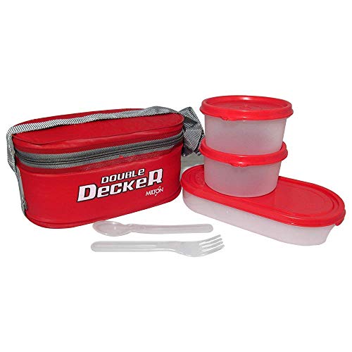 Image of MILTON Double Decker Plastic Lunch Box with Insulated Jacket, 3 Containers (450 ml, 280 ml, 280 ml), Microwavable & Leak-Proof Tiffin for Office, School, College, Red