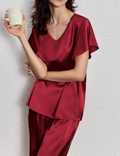 Image of Ekouaer Women's Satin Silky Pajama Set 2 Piece Short Sleeve Shirt with Long Pants Pjs Sets Soft PJ Loungewear S-XXL