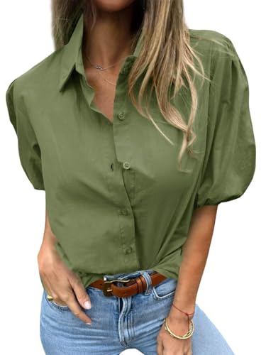 Image of Tankaneo Women's Button Down Shirts Short Puff Sleeve Collared Dressy Casual Blouse Tops
