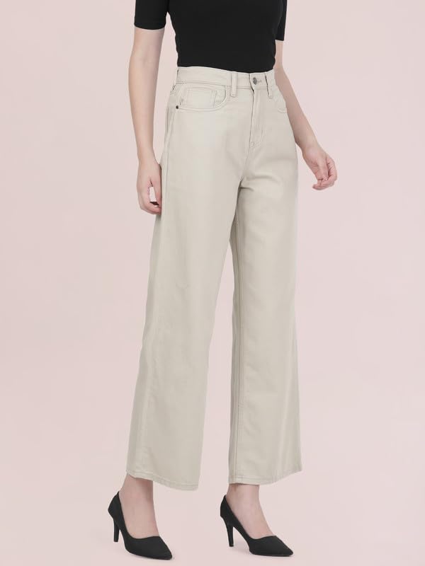 Image of GO COLORS Soft Cotton-Tencel Blend Twill Wide Pants Full Length for Women| Breathable, High Rise