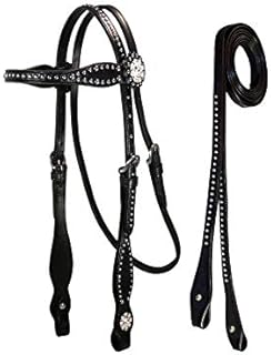 Tahoe Tack Leather Starry Night Studded Horse Headstall & Matching Reins, Black, Full Horse (17-1736-BK)