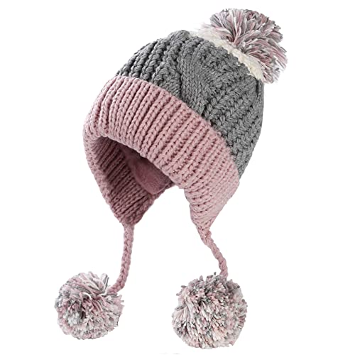 HUAMULAN Women Winter Sherpa Beanie Hats Knit Ear Flaps Peruvian Cover Ears Warm Fleece Lined Ski Snow Hat 3 Pompom