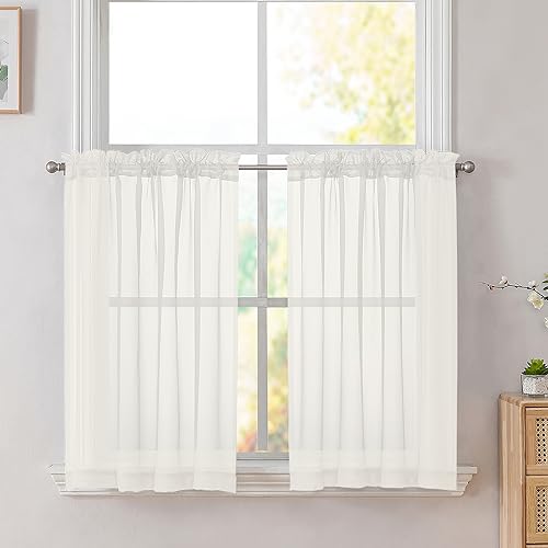 Image of Simplebrand Ivory Sheer Kitchen Curtains (2 Panels, 42 x 36 Inch, Rod Pocket) - 100% Polyester Light Filtering Drapes for Bathroom, Living Room, Bedroom Decoration