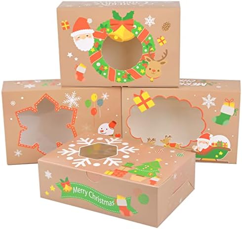 NATUCE 12 Pack Christmas Cookie Boxes Kraft Paper Doughnut Candy Boxes, Brown Cookie Boxes with Clear Window, Christmas Treat Boxes Biscuit Boxes Cupcakes Boxes Biscuit Boxes Kraft Gift Boxes