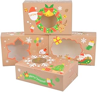 NATUCE 12 Pack Christmas Cookie Boxes Kraft Paper Doughnut Candy Boxes, Brown Cookie Boxes with Clear Window, Christmas Treat Boxes Biscuit Boxes Cupcakes Boxes Biscuit Boxes Kraft Gift Boxes