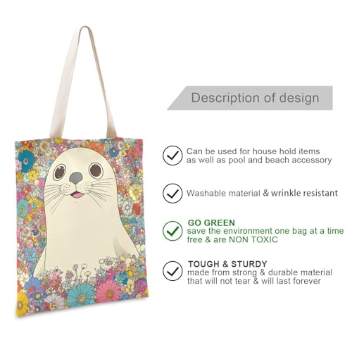 Cartoon Cool White Seal Canvas Bags Bulk with handles Tote Bag With Pockets Reusable Canvas Grocery Bags for Travelling Bolsa de lona2
