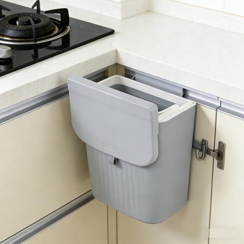Image of 3.2 Gallon /12 L Plastic Kitchen Compost Bin, Hanging Trash Can with Lid, Wall-Mounted Garbage Can, Grey
