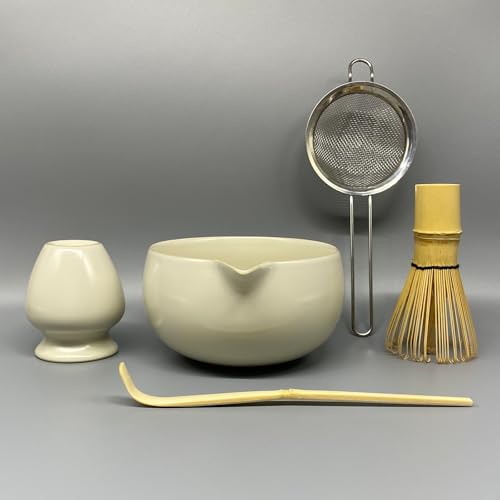 Matcha Whisk Set – 5 Pcs Matcha Set Whisk and Bowl with Spout, Bamboo Scoop, Sifter & Holder – Ru Kiln Matcha Bowl Japanese Tea Kit for Gifts, Home Use & Ceremonial Rituals (White)