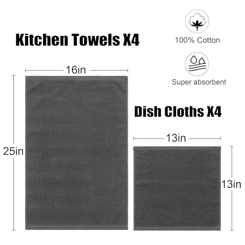Image of 100% Cotton Kitchen Towels and Dishcloths Set, Pack of 8 Super Absorbent 16 inch x 25 inch Kitchen Towels and 13 inch x 13 inch Dish Cloths (400 GSM)
