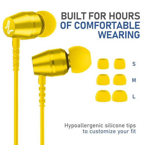 Image of LUDOS OMNITONE Wired Earbuds in-Ear Headphones, 5 Year Warranty, Earphones with Microphone, 3.5 mm Jack Corded Ear Buds, Videoconference for iPhone, Samsung, Laptop, Kids, School Students - Yellow