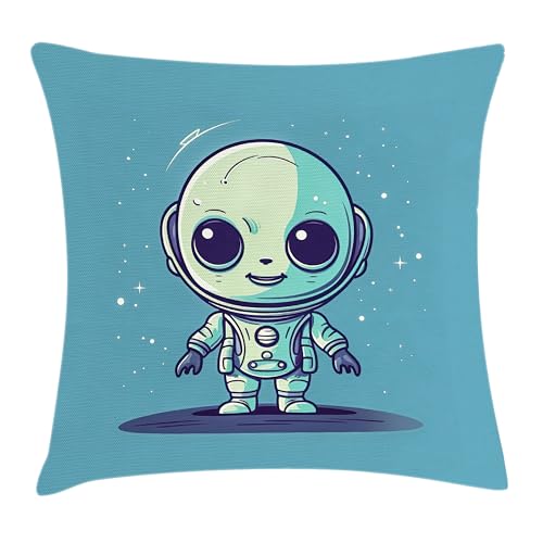 Ambesonne Alien Throw Pillow Cushion Cover, Cartoon Funny Tiny Extraterrestrial Character Fantasy Galactic Concept, Decorative Square Accent Pillow Case, 18
