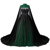 Mauuwy Black and Green Gothic Wedding Dress with Cape Lace Medieval Bridal Dress 1980s Beaded Bride Gown Victorian Vestio De Fiesta with Train Size 14