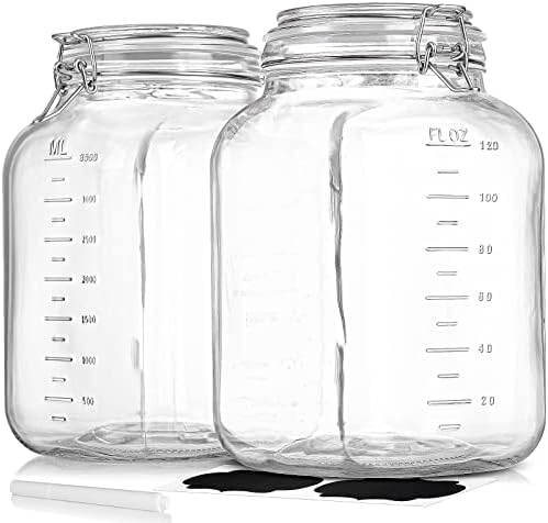 2 Pack 1 Gallon Square Super Wide-Mouth Glass Jars with Airtight Lids - Glass Storage Jars with 2 Measurement Mark - Canning Jars with Large Capacity, Sturdy For Canning, Overnight Oats, 4200 ML