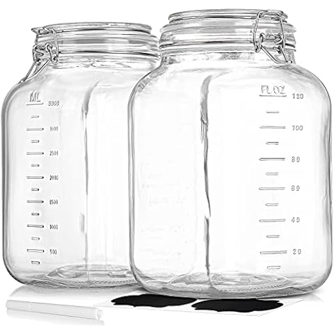 2 Pack 1 Gallon Square Super Wide-Mouth Glass Jars with Airtight Lids - Glass Storage Jars with 2 Measurement Mark - Canning Jars with Large Capacity, Sturdy For Canning, Overnight Oats, 4200 ML Cover