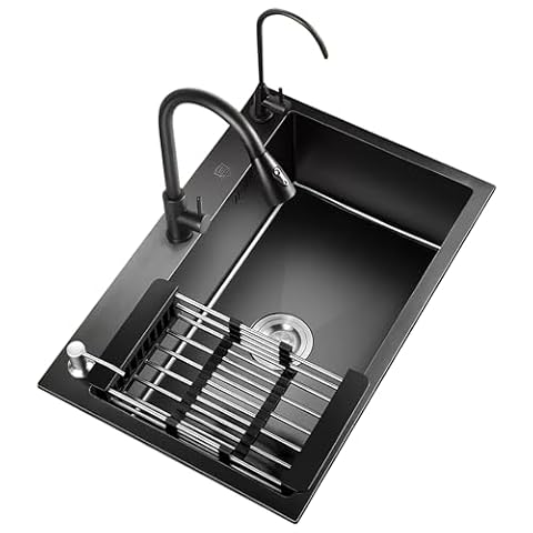 Stacja robocza z czarnym zlewem kuchennym-Czarny zlew kuchenny z wpuszczanym zlewem od góry ze stali nierdzewnej (Size : 65x45x20cm/25.6x17.7x8in)