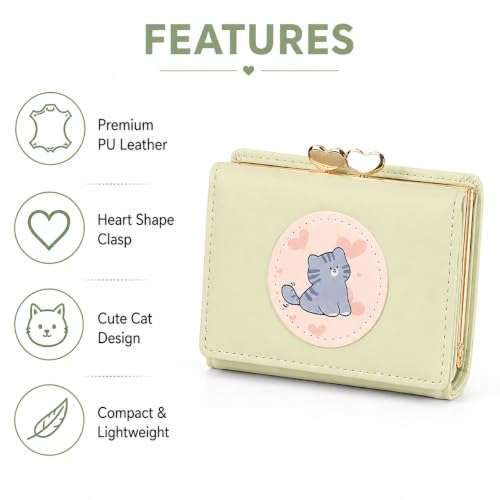 Image of Valerie Cute Small Wallets Clutch for Teen Girl Women PU Leather Trifold Small Wallet Cash Pocket 3D Buckle Card Holder Coin Purse with ID Window for Girls Women (Green cat)