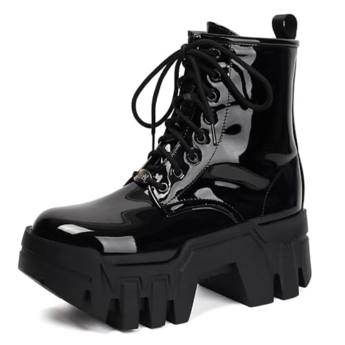 SEIFIN Women's Goth Platform Patent Combat Ankle Boots Lace Up Chunky High Heel Gothic Boots Cosplay Y2K Punk Short Booties Cool Rave Festivals Shoes With Zipper,Black,US9.5