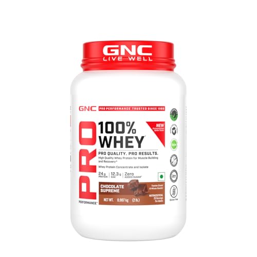 Image of GNC Pro Performance 100% Whey Protein | New Formulation | 24g Protein, 5.7g BCAAs, 12.3g EAAs | Added DigeZyme | Whey Isolate & Concentrate Blend, Low Carb (4.51g), No Added Sugar | Chocolate Supreme , 907g