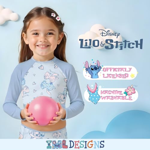 Image of Disney Lilo & Stitch Girls 2-Piece Swimsuit Set, Long-Sleeved Rash Guard and Bikini Bottoms, Quick-Drying Swimwear for Kids