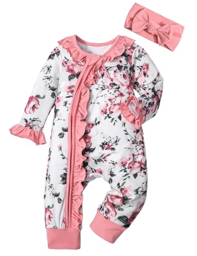 Image of Infant Newborn Baby Girl Clothes Onesies for Baby Girl Long Sleeve Ruffle Baby Clothes with Headband