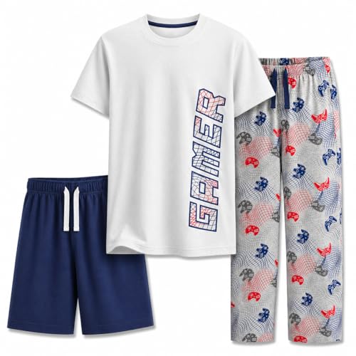 Image of US Angels Boys Pajamas Set | 3-Piece Pant, Shirt, Shorts Sleepwear Pjs for Kids | Loose Fit, Soft, Breathable Blue Plaid