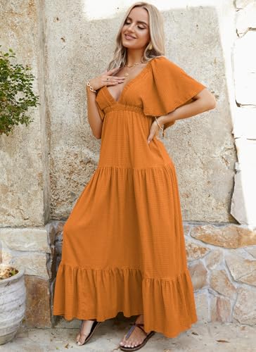 Image of Kikibell Women Summer Dresses Sexy V-Neck Maxi Dress Tiered Silhouette with Flutter Sleeve Backless Elastic Waist Flowy Dress