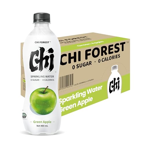 CHI FOREST Flavored Sparkling Water Beverage, Green Apple, Zero Sugar, 16.2 fl oz Bottles (pack of 15)