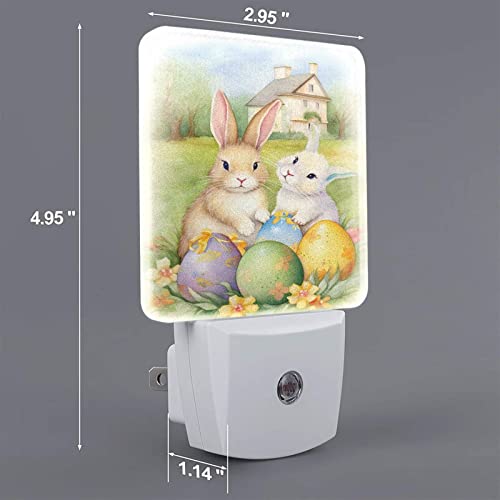 Image of Vintage Easter Bunnies Eggs Soft Night Light Set of 2, Rabbits Auto Sensor LED Dusk-to-Dawn Nightlights, Plug-in Sensor Lamp for Bedroom Bathroom Kitchen Hallway Stairs Decorative
