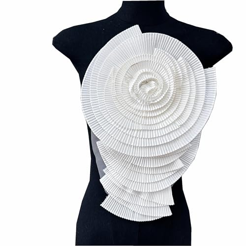 3D Colorful Pleated Large Flower Appliques Chest Flower Patches with Pin DIY for Women Dress Clothing Handmade Fabric Stickers (White)