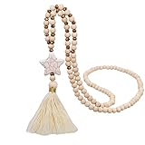 HXSCOO Vintage Wood Beads Necklace for Women Tassel Pendant Bohemian Colorful Star Heart Shell Charms Handmade Jewelry (Color : Beige Star)