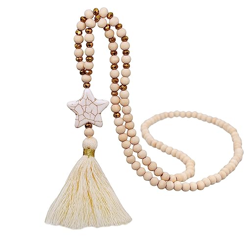 RFDRR Collar,Collar Simple,Collar Largo con Flecos Beige Simples De Moda, Cuentas De Madera De Vidrio, Colgante De Estrella, Joyería Hecha A Mano, Accesorio for Vestidos De Playa for Mujer(Beige)