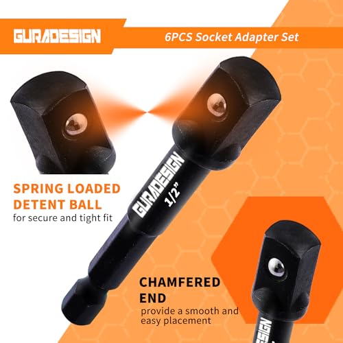 Image of GURADESIGN 6-Piece Impact Grade Power Drill Sockets Adapter Sets, 3-Inch & 10-Inch Power Drill Socket Driver Adaptor, 1 /4 inch, 3 /8 inch, 1 /2 inch Hex Shank Impact Driver Socket Adapter.