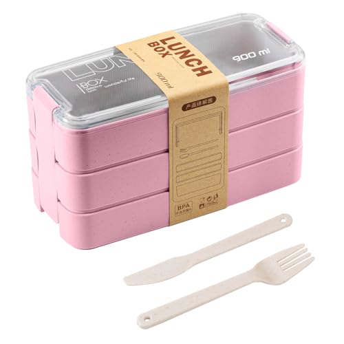 LiangYuanZen Bento Boxes Bento Fiambrera con 2 cubiertos, 3 capas, resistente y elegante, adecuada para adultos, para la escuela, el trabajo, pícnic, viajes (rosa)