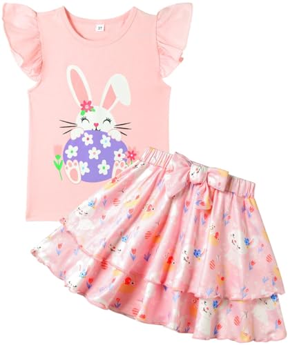 Image of Girls Skirt Set 2 Piece Outfit Toddler Summer Clothes Ruffle Sleeve T-Shirt Bow Knot Tutu Skirt Outfit Set