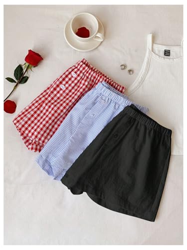 Image of MakeMeChic Women's 3 Pack Linen Shorts Gingham Striped Beach Shorts