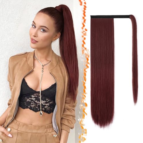 BARSDAR Auburn Straight Ponytail Extensions - 18 Inch Long Straight Wrap Around Ponytails for Women, Clip in Ponytail Hair Extensions Synthetic Pony Tails Hairpieces - Reddish Auburn