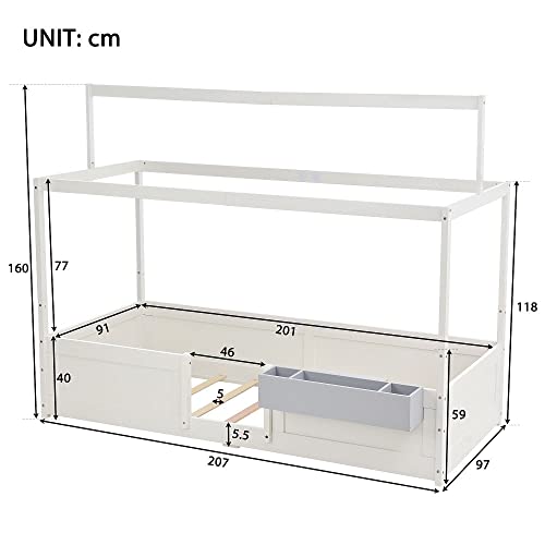 Huisbed, speelbed met stoffen tentopzetstuk, met opbergdoos, 3 combinaties, valbeveiliging, kinderbed, lattenbodem in grenenhout, 90 x 200 cm, zonder matras, wit - Afbeelding 3