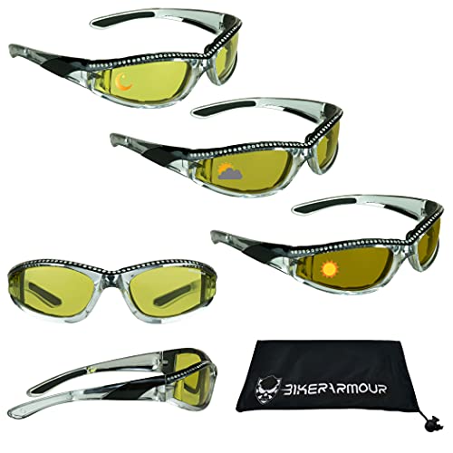 Bikershades Motorcycle Day Night Transitional Safety Photochromic Glasses Yellow to Brown Women Chrome Black Frame with Rhinestones2