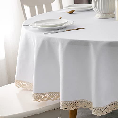 EHouseHome Faux Linen Tablecloth with Lace Trim - Waterproof/Spill Proof/Stain Resistant/Wrinkle Free/Oil Proof - for Banquet, Parties, Dinner,Wedding,Holiday,White Round 60Inch